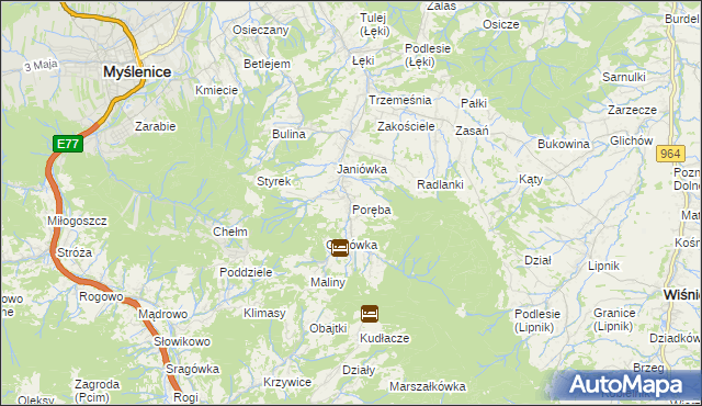 mapa Poręba gmina Myślenice, Poręba gmina Myślenice na mapie Targeo