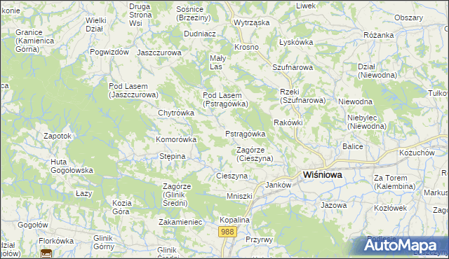 mapa Pstrągówka gmina Wiśniowa, Pstrągówka gmina Wiśniowa na mapie Targeo