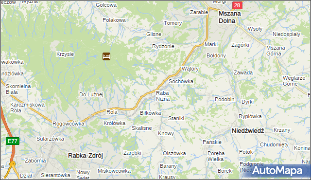 mapa Raba Niżna, Raba Niżna na mapie Targeo