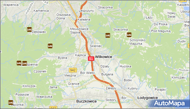 mapa Wilkowice powiat bielski, Wilkowice powiat bielski na mapie Targeo