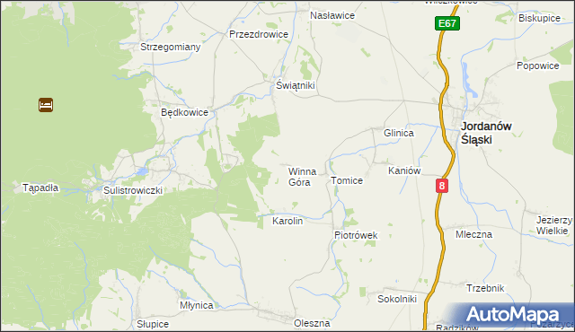 mapa Winna Góra gmina Jordanów Śląski, Winna Góra gmina Jordanów Śląski na mapie Targeo