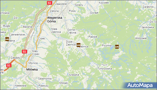 mapa Żabnica gmina Węgierska Górka, Żabnica gmina Węgierska Górka na mapie Targeo