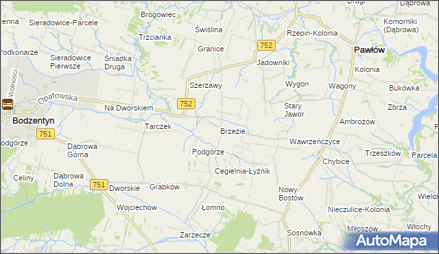 mapa Brzezie gmina Pawłów, Brzezie gmina Pawłów na mapie Targeo