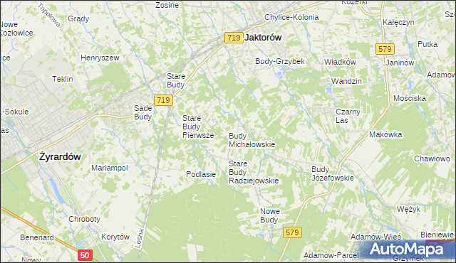 mapa Budy Michałowskie gmina Jaktorów, Budy Michałowskie gmina Jaktorów na mapie Targeo