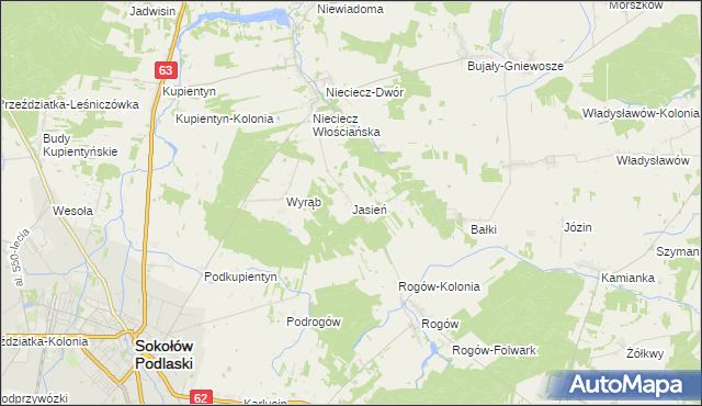 mapa Jasień gmina Repki, Jasień gmina Repki na mapie Targeo