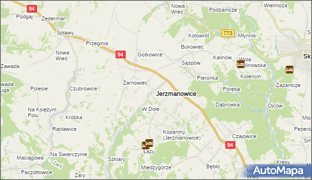 mapa Jerzmanowice gmina Jerzmanowice-Przeginia, Jerzmanowice gmina Jerzmanowice-Przeginia na mapie Targeo