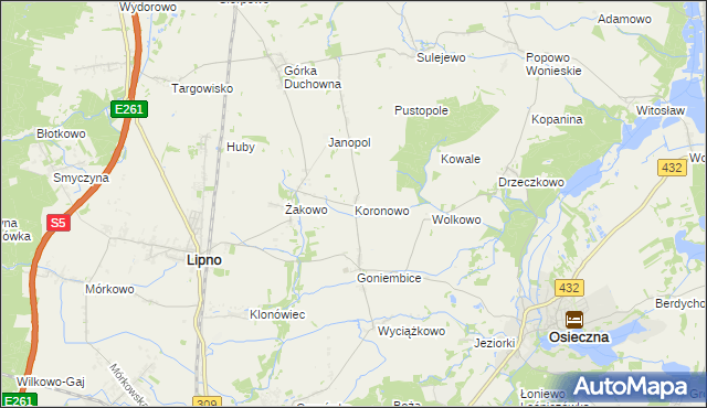 mapa Koronowo gmina Lipno, Koronowo gmina Lipno na mapie Targeo