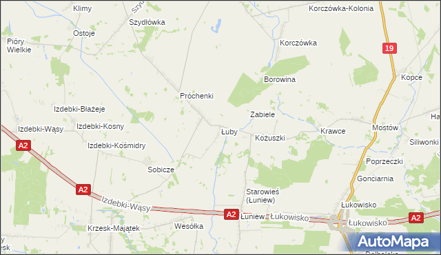 mapa Łuby gmina Międzyrzec Podlaski, Łuby gmina Międzyrzec Podlaski na mapie Targeo