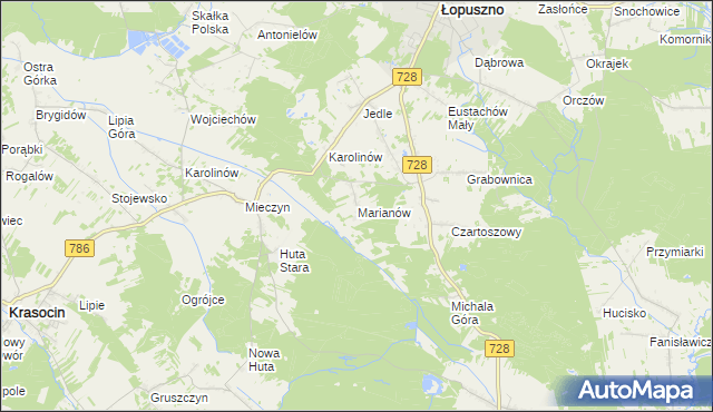 mapa Marianów gmina Łopuszno, Marianów gmina Łopuszno na mapie Targeo