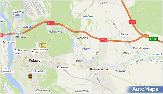 mapa Młynki gmina Końskowola, Młynki gmina Końskowola na mapie Targeo
