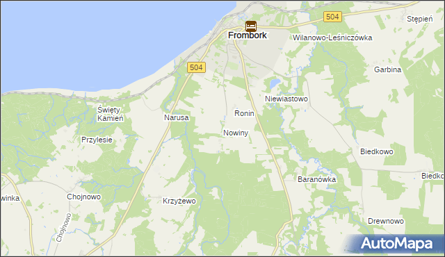 mapa Nowiny gmina Frombork, Nowiny gmina Frombork na mapie Targeo