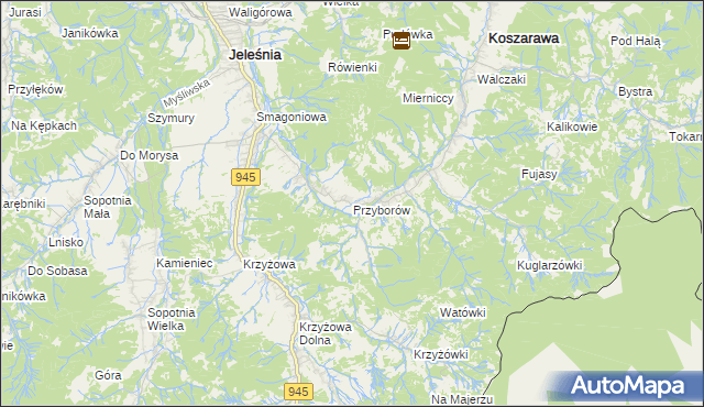 mapa Przyborów gmina Jeleśnia, Przyborów gmina Jeleśnia na mapie Targeo