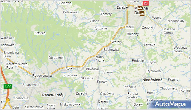 mapa Raba Niżna, Raba Niżna na mapie Targeo