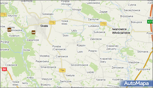 mapa Rzeplin gmina Skała, Rzeplin gmina Skała na mapie Targeo