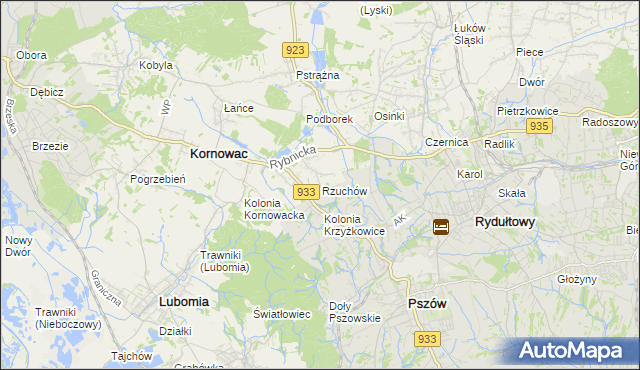 mapa Rzuchów gmina Kornowac, Rzuchów gmina Kornowac na mapie Targeo