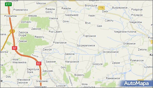 mapa Szczepanowice gmina Słomniki, Szczepanowice gmina Słomniki na mapie Targeo