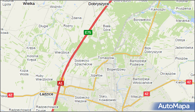 mapa Tomaszów gmina Ładzice, Tomaszów gmina Ładzice na mapie Targeo