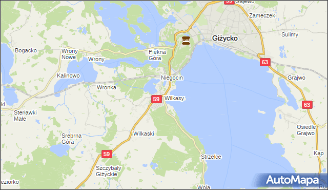 mapa Wilkasy gmina Giżycko, Wilkasy gmina Giżycko na mapie Targeo