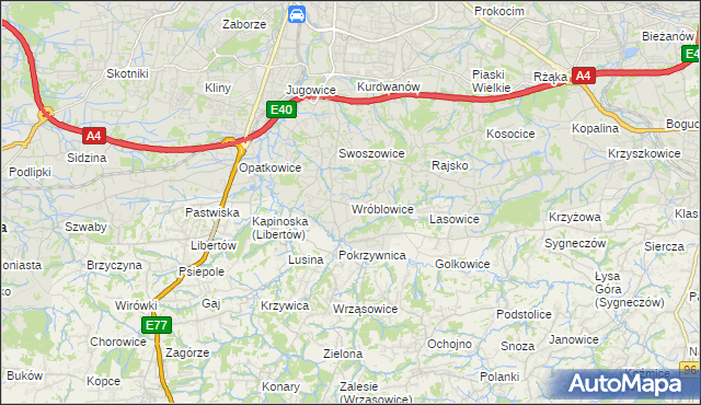 mapa Wróblowice gmina Kraków, Wróblowice gmina Kraków na mapie Targeo