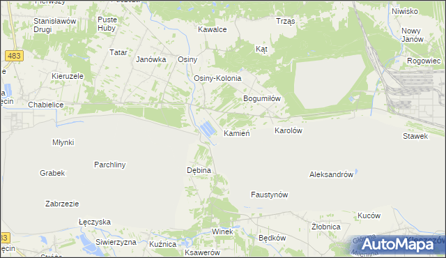 mapa Kamień gmina Kleszczów, Kamień gmina Kleszczów na mapie Targeo