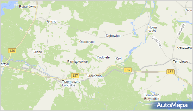 mapa Podbiele gmina Sulęcin, Podbiele gmina Sulęcin na mapie Targeo