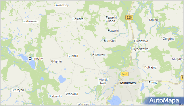 mapa Rożnowo gmina Miłakowo, Rożnowo gmina Miłakowo na mapie Targeo