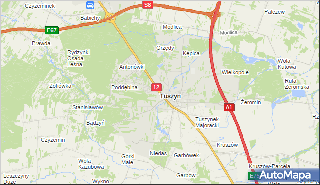 mapa Tuszyn powiat łódzki wschodni, Tuszyn powiat łódzki wschodni na mapie Targeo