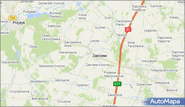 mapa Zakrzew powiat radomski, Zakrzew powiat radomski na mapie Targeo