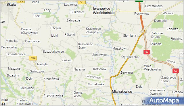 mapa Żerkowice gmina Iwanowice, Żerkowice gmina Iwanowice na mapie Targeo