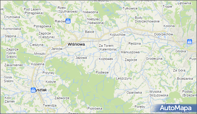 mapa Kozłówek gmina Wiśniowa, Kozłówek gmina Wiśniowa na mapie Targeo