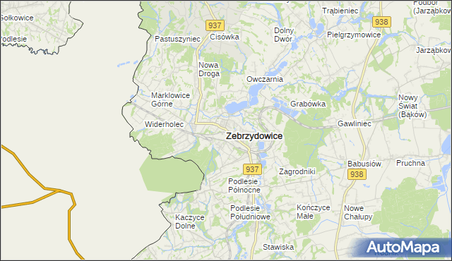 mapa Zebrzydowice powiat cieszyński, Zebrzydowice powiat cieszyński na mapie Targeo