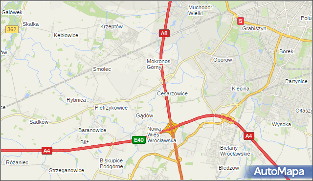 mapa Cesarzowice gmina Kąty Wrocławskie, Cesarzowice gmina Kąty Wrocławskie na mapie Targeo