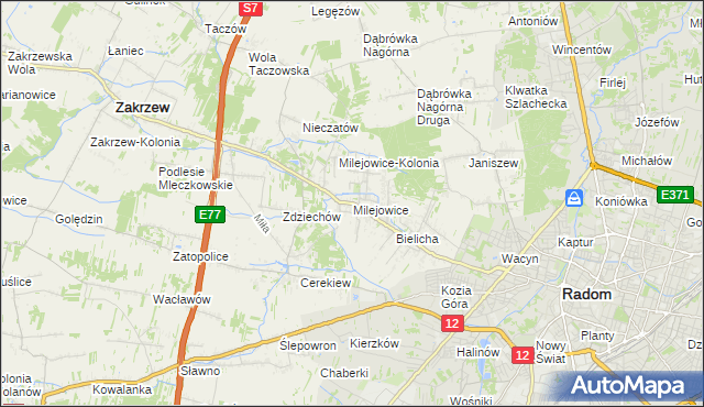 mapa Milejowice gmina Zakrzew, Milejowice gmina Zakrzew na mapie Targeo