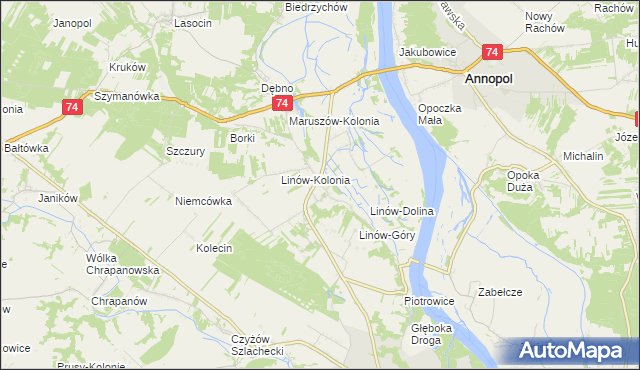 mapa Linów gmina Zawichost, Linów gmina Zawichost na mapie Targeo