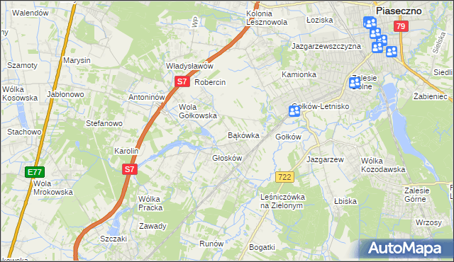 mapa Bąkówka gmina Piaseczno, Bąkówka gmina Piaseczno na mapie Targeo