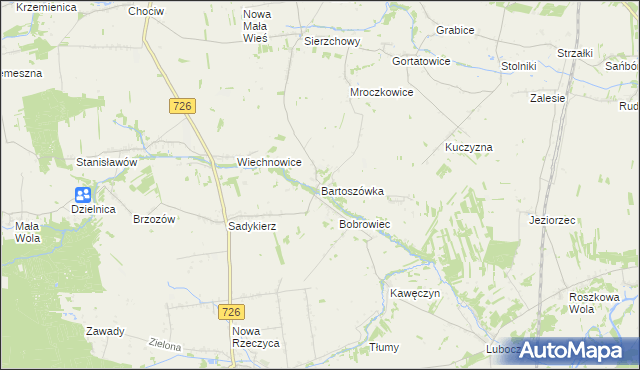 mapa Bartoszówka gmina Rzeczyca, Bartoszówka gmina Rzeczyca na mapie Targeo