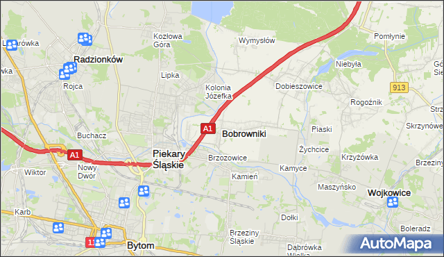 mapa Bobrowniki powiat będziński, Bobrowniki powiat będziński na mapie Targeo
