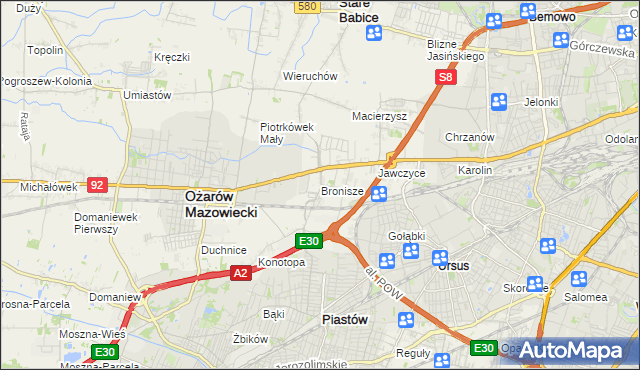 mapa Bronisze gmina Ożarów Mazowiecki, Bronisze gmina Ożarów Mazowiecki na mapie Targeo