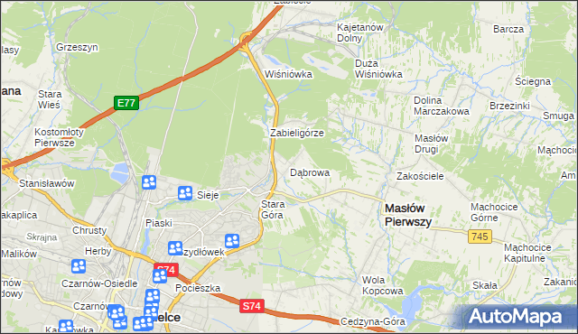 mapa Dąbrowa gmina Masłów, Dąbrowa gmina Masłów na mapie Targeo