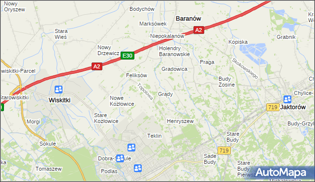 mapa Grądy gmina Jaktorów, Grądy gmina Jaktorów na mapie Targeo