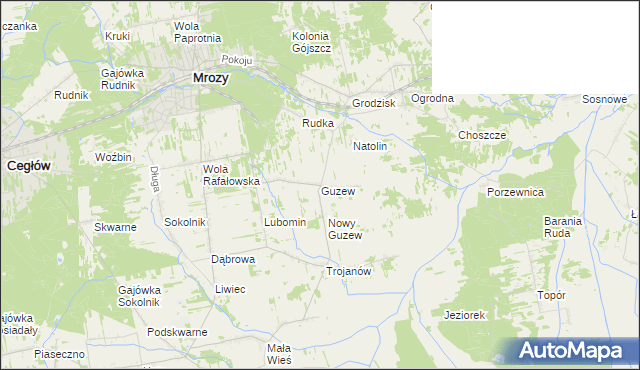 mapa Guzew gmina Mrozy, Guzew gmina Mrozy na mapie Targeo
