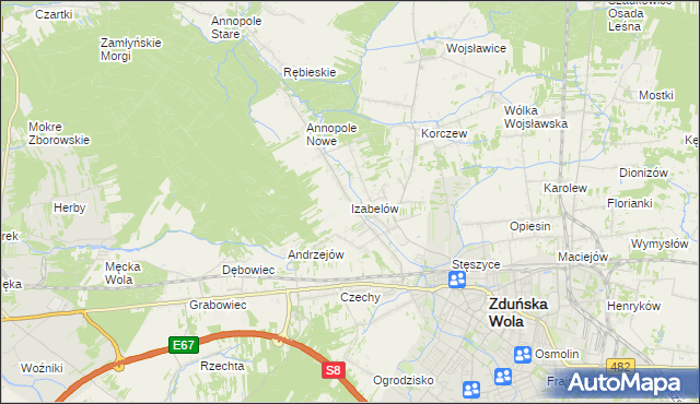 mapa Izabelów gmina Zduńska Wola, Izabelów gmina Zduńska Wola na mapie Targeo