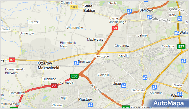 mapa Jawczyce gmina Ożarów Mazowiecki, Jawczyce gmina Ożarów Mazowiecki na mapie Targeo