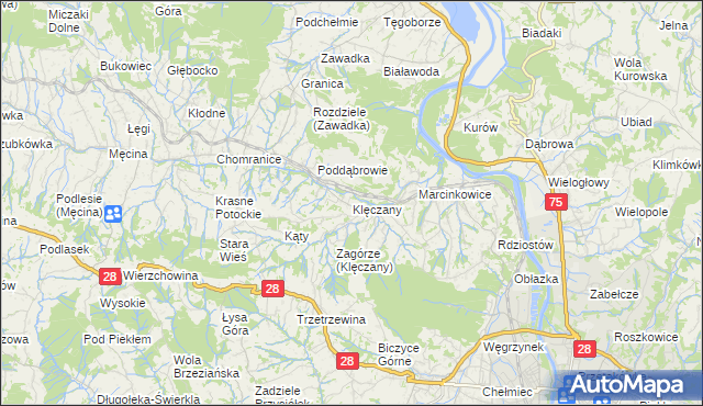 mapa Klęczany gmina Chełmiec, Klęczany gmina Chełmiec na mapie Targeo