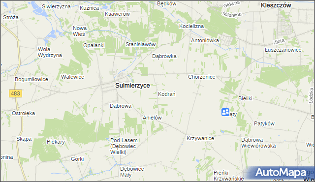 mapa Kodrań gmina Sulmierzyce, Kodrań gmina Sulmierzyce na mapie Targeo