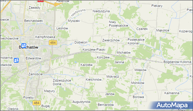 mapa Korczew gmina Bełchatów, Korczew gmina Bełchatów na mapie Targeo