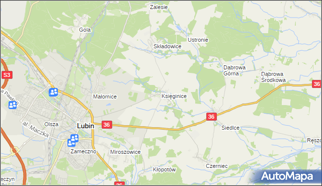 mapa Księginice gmina Lubin, Księginice gmina Lubin na mapie Targeo