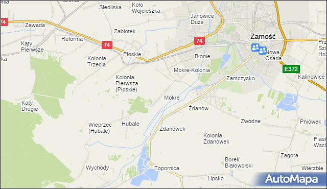 mapa Mokre gmina Zamość, Mokre gmina Zamość na mapie Targeo