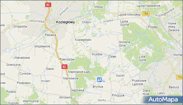 mapa Mysłów gmina Koziegłowy, Mysłów gmina Koziegłowy na mapie Targeo