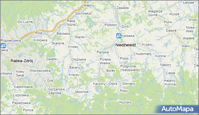 mapa Poręba Wielka gmina Niedźwiedź, Poręba Wielka gmina Niedźwiedź na mapie Targeo